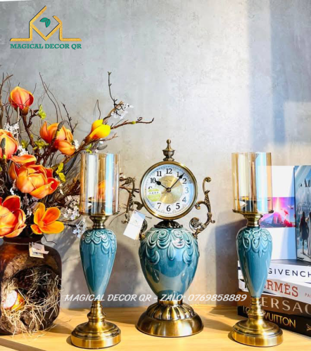 Set Đồng Hồ Chân Nến Xanh Hoa Văn